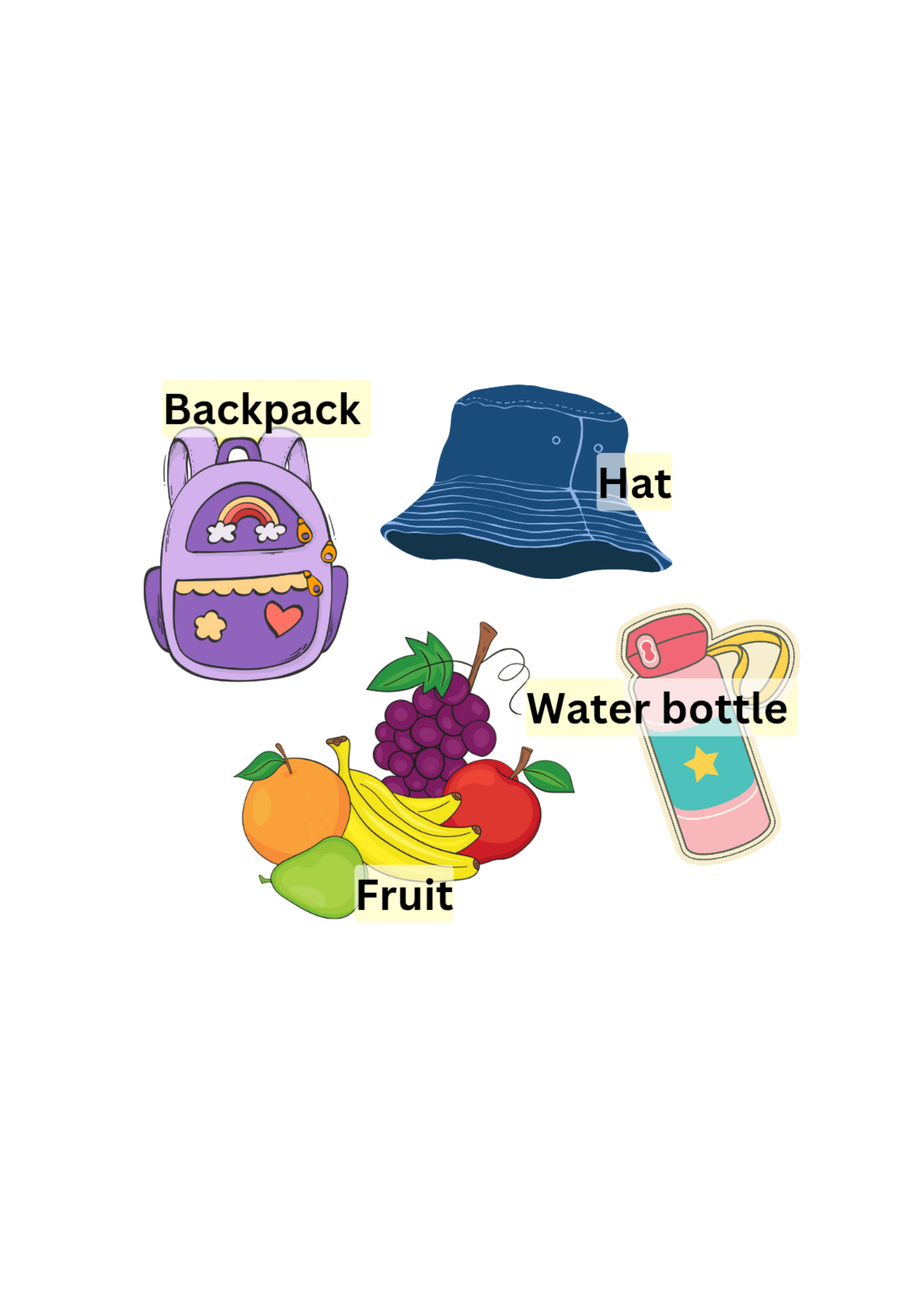 Cartoon image of school backpack, wide-brim hat, Fruit, Water bottle.