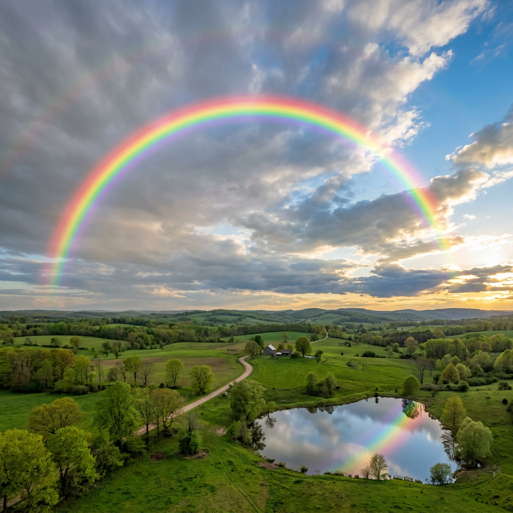 A large rainbow stretches across a partly cloudy sky above a green countryside with a pond reflecting the rainbow.